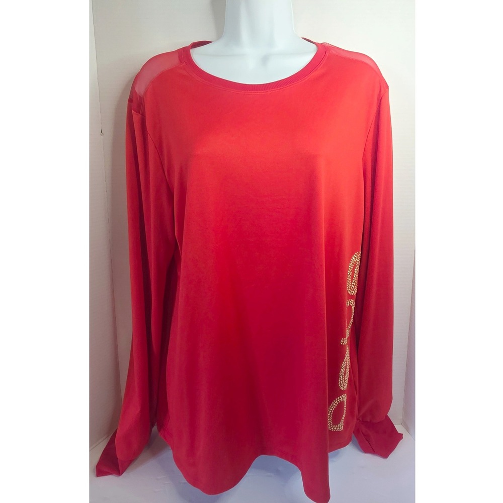 NWOT Bebe Sport Red Mesh Yoke Studded Logo Long Sleeve Active Top XL